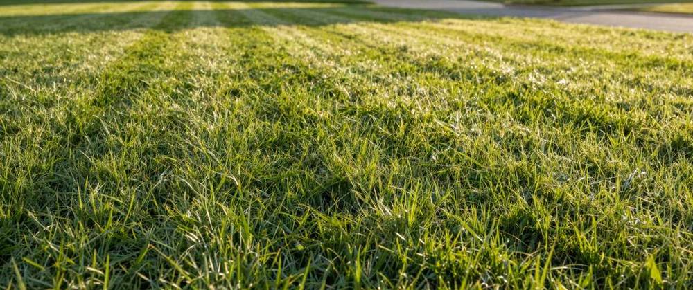 A close view of a freshly mown lawn, the mower stripes running away from the camera in low evening sun.